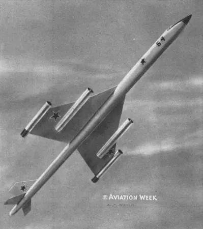 Une vue d’artiste du super bombardier à propulsion nucléaire soviétique révélé en décembre 1958 par le magazine américain Aviation Week. Anon., « Soviets Study Military Aspects of Space. » Aviation Week, 9 mars 1959, 313.