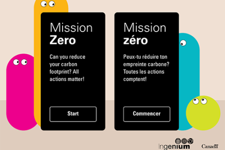 Bilingual start screen for "Mission Zero" with black English and French title boxes.  Colourful character-like shapes with googly eyes are in the background.