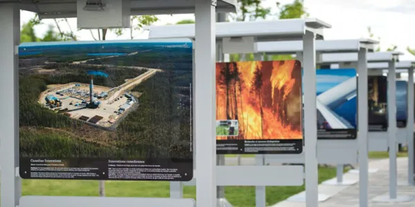 A wide shot of cascading exhibition photographic panels in an outdoor setting. The panel in the forefront is an aerial view of a drill pad in the Canada’s oil sands.