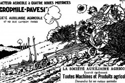 Une publicité de la Société auxiliaire agricole de Paris, France, montrant un tracteur agricole Pavesi P4 ou Agrophile-Pavesi en action. Anon., « Société auxiliaire agricole, » L’Agriculture nouvelle, 14 janvier 1922, 4.