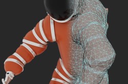 Cropped, 3D model of a diving suit against a black background.  The right side of the suit is bulky and orange, with shiny silver bands on the limbs, and with a black, domed helmet. The left side is stylized with a series of blue, interlocking 3D mesh lines overlaying the body.