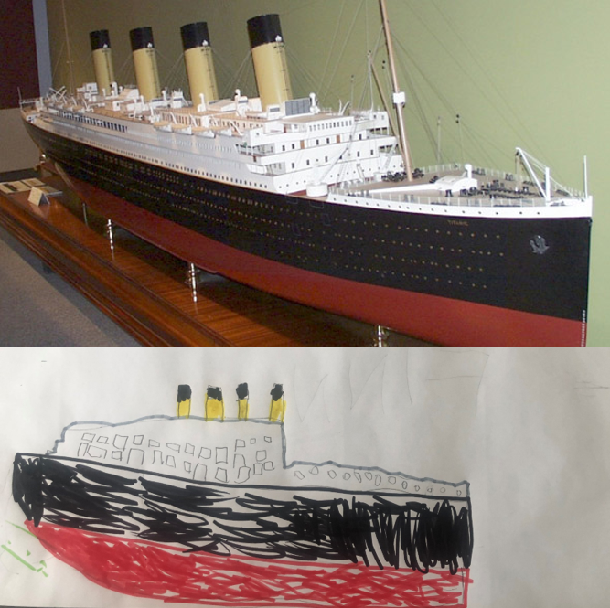 A child’s drawing of the Basset-Lowke Ltd. model of the Titanic, side-by-side with an image of the artifact.