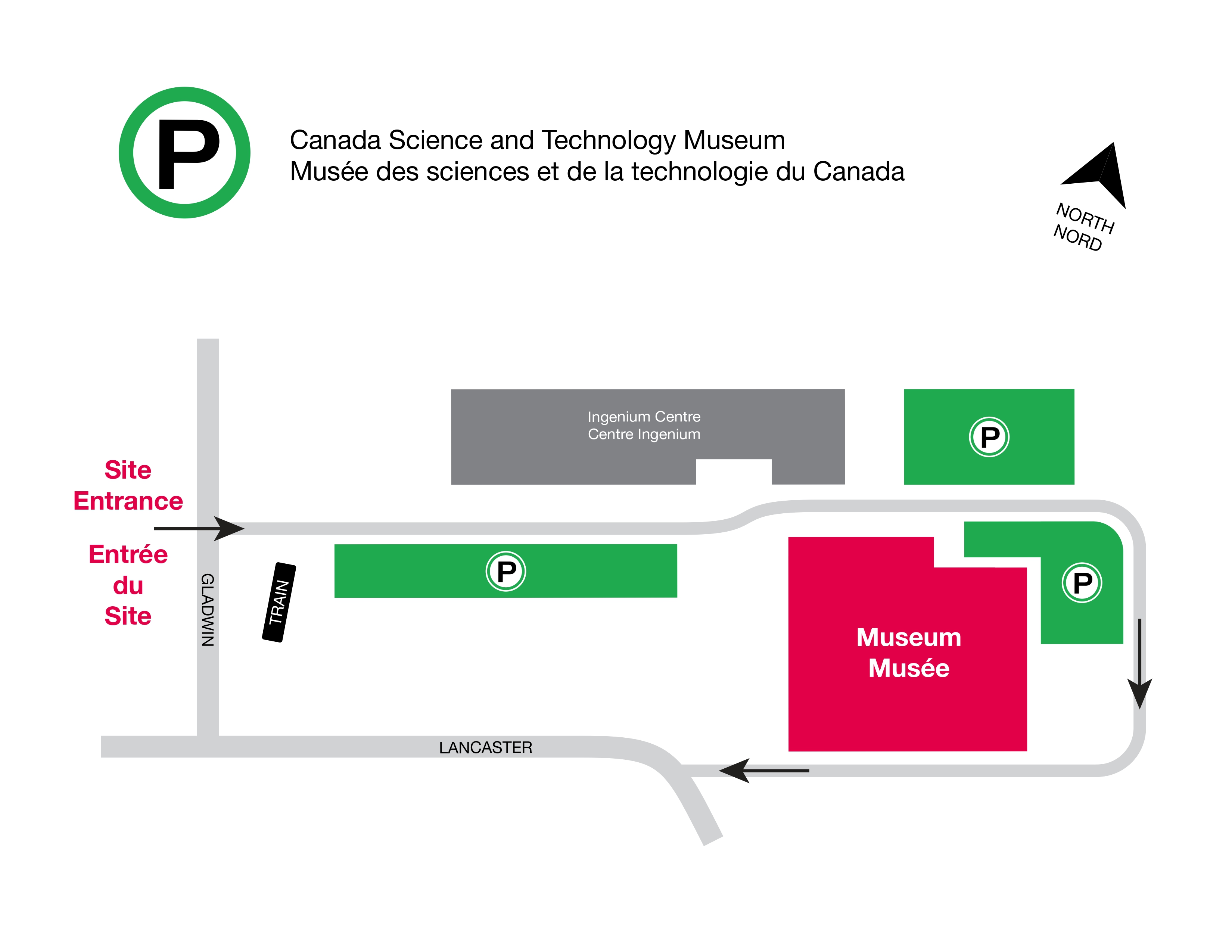 Graphique d'un plan de stationnement du musée, indiquant la nouvelle entrée du site sur Gladwin Crescent. Des flèches d'orientation indiquent les aires de stationnement du site, situées sur les deux côtés du musée.