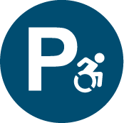 Graphic icon with large P for parking, and icon for wheelchair