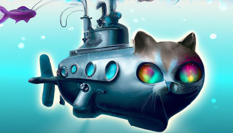 A part cat – part submarine creature is swimming among fish.  It has luminescent, multi-coloured, eyes.