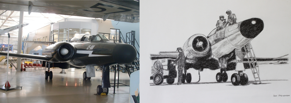 An adult’s sketch of Avro Canada's CF-100 'Canuck' fighter aircraft, side-by-side with an image of the artifact.