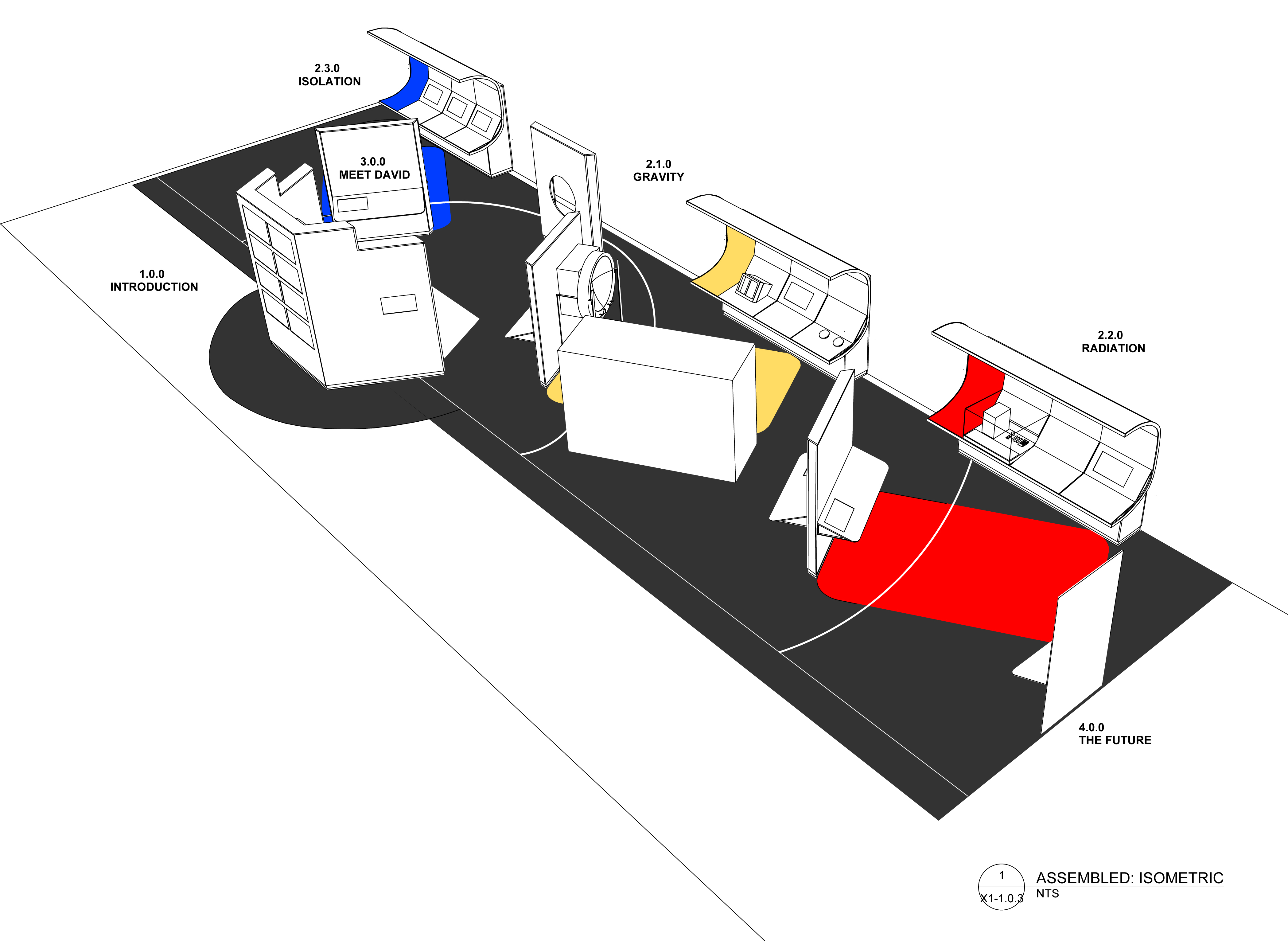 Conceptual plans for the Health in Space exhibition showing its three main sections.