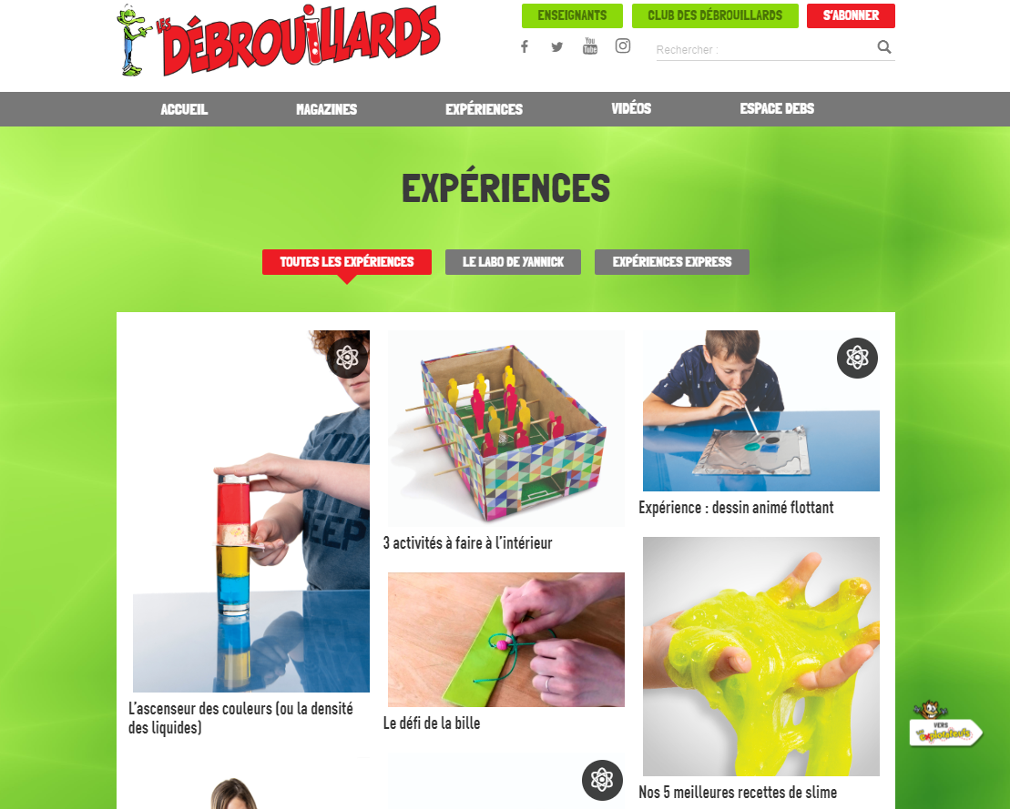 Site web du site Les Débrouillards, sous l'onglet "Les expériences"