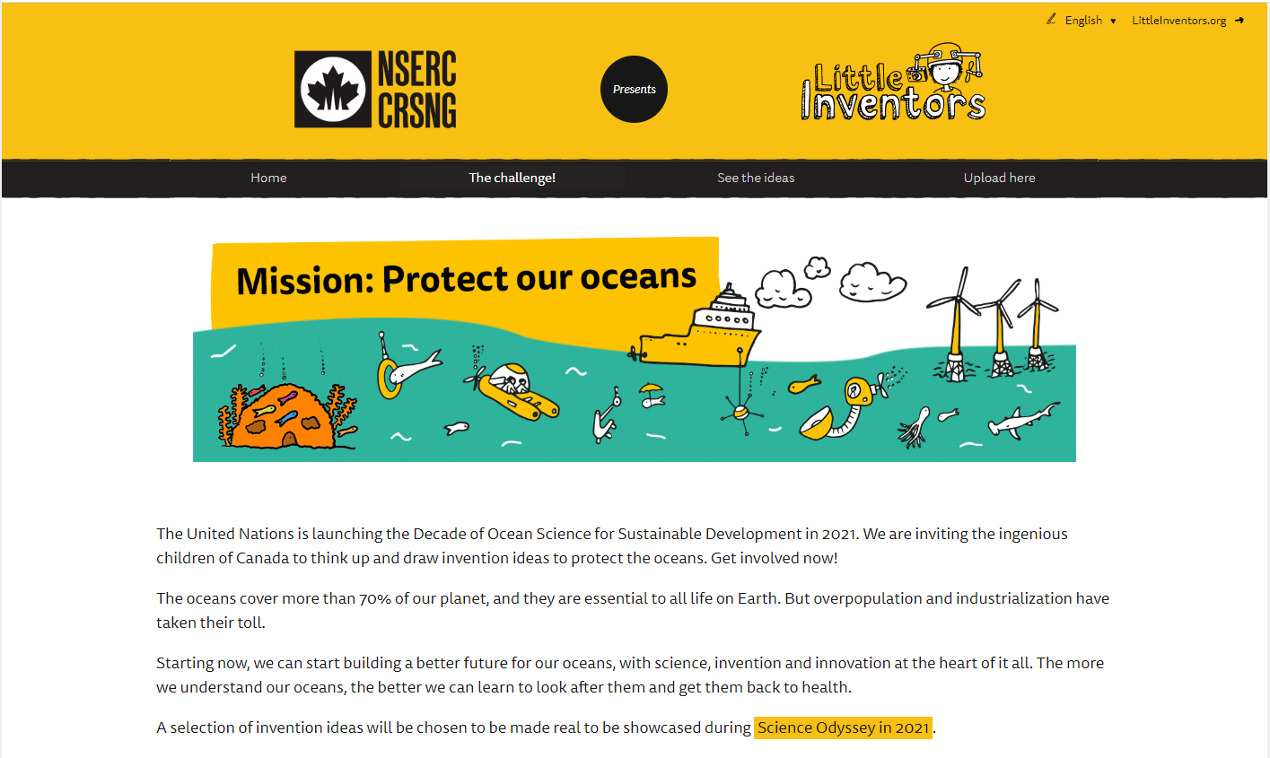 Page de destination du site des Petits Inventeurs, et du défi Mission Protégeons nos océans. 