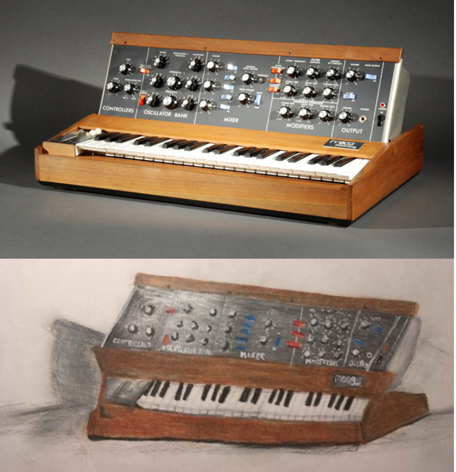 A teenager’s drawing of the Minimoog Synthesizer, side-by-side with an image of the artifact.