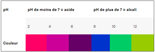 Un tableau qui montre les différentes couleurs de chou rouge d'après le niveau de pH de la solution