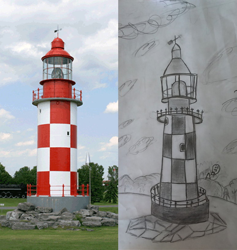 A child’s drawing of the Bramah & Robinson Lighthouse, side-by-side with an image of the artifact.