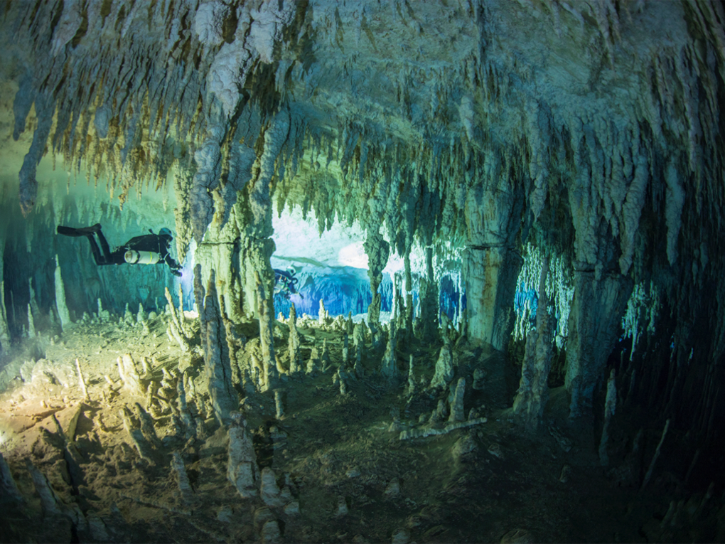 Dr. Kenny Broad swims through Dan's Cave in the Bahamas during the National Geographic Abaco Blue Holes Exploration, Survey, and Outreach Project.