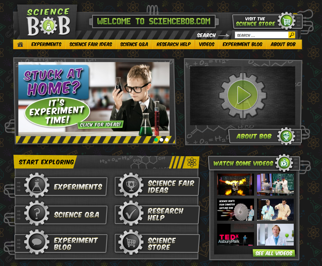 La page d'atterissage du site web Science Bob