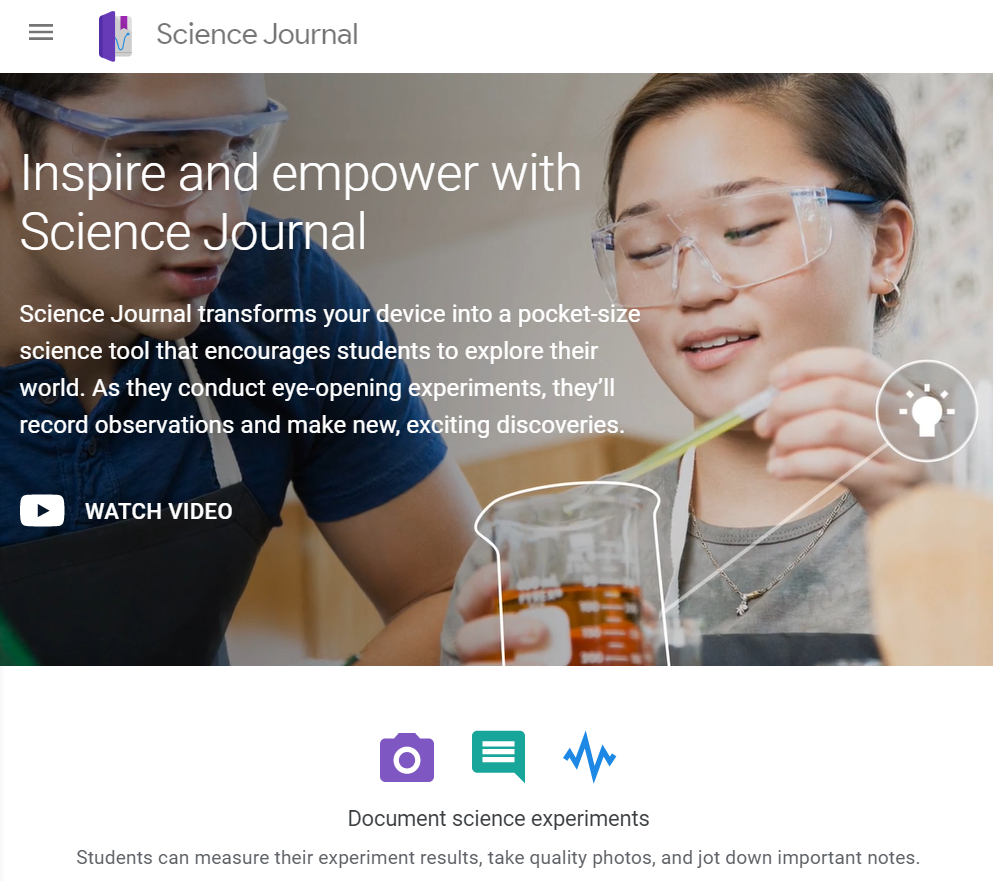 Landing page of the Science Journal by Google website