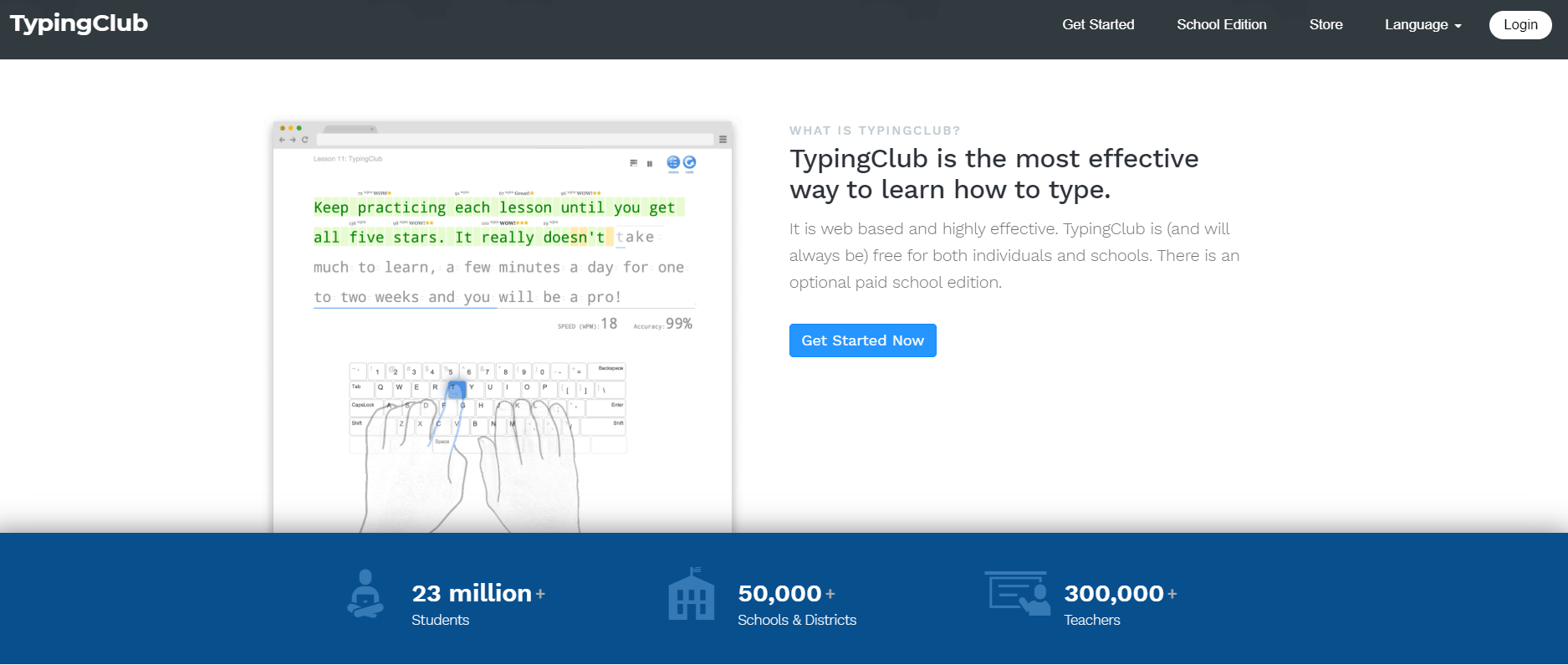 Landing page to enter the Typing Club website