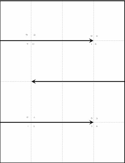 Mise en page du Zine montrant les lignes de coupe représentées par trois flèches foncées.