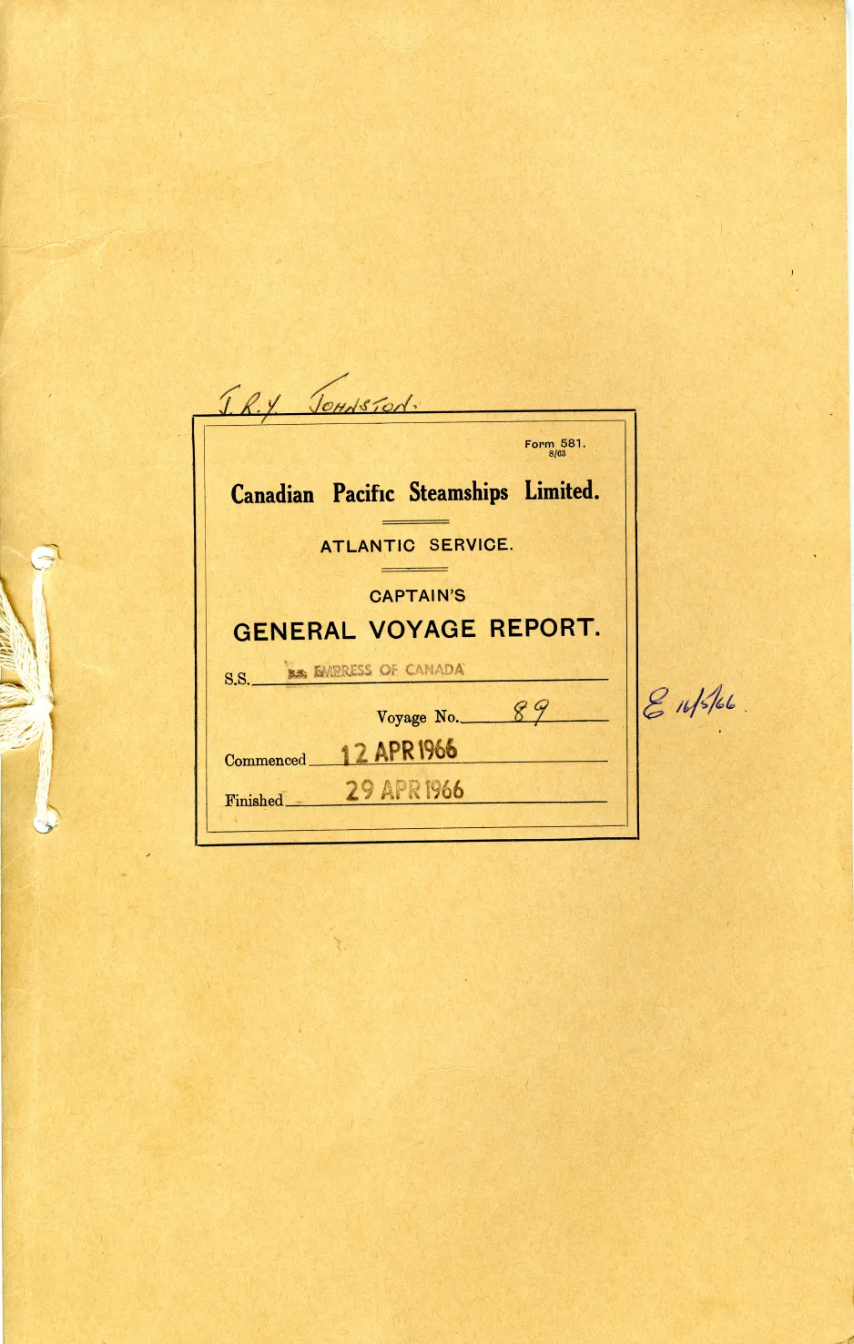 Cover of the 1966 Captain's General Voyage Report for the Empress of Canada