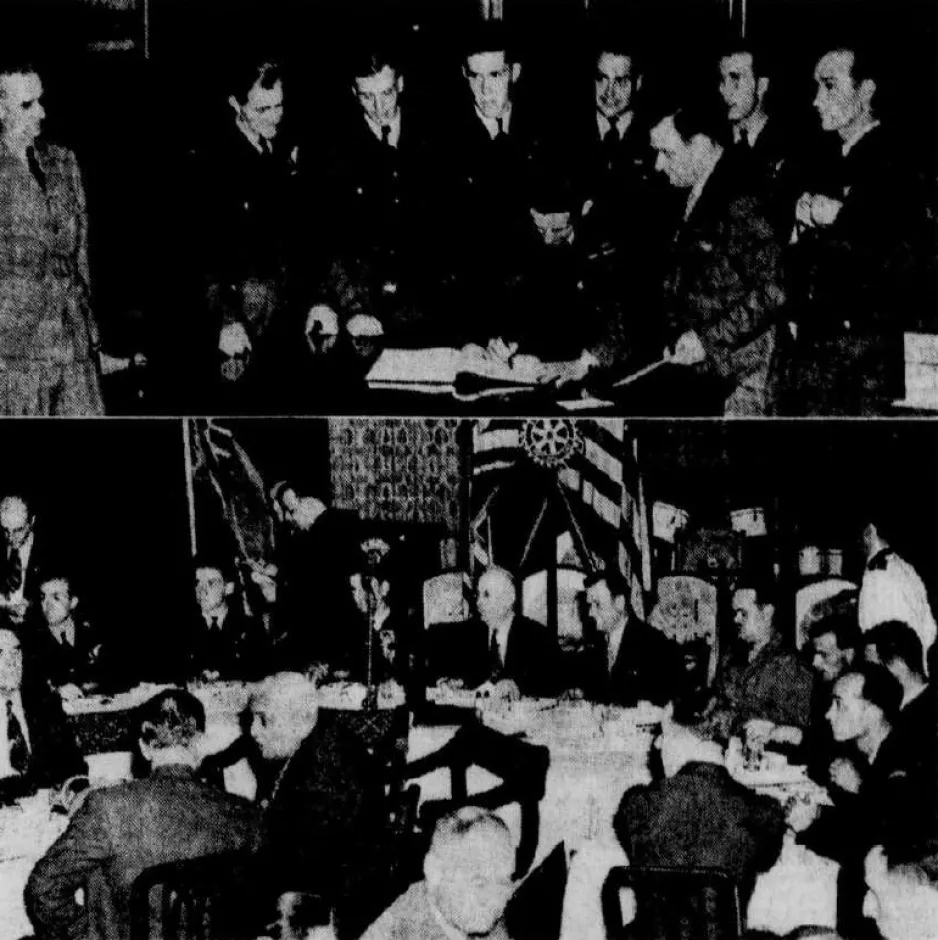 Laporte and his crew signing the city of Québec guest book (top photograph) and at the luncheon of the Club Rotary de Québec. Anon., “Réception aux Alouettes.” Le Soleil, 14 August 1945, 1.