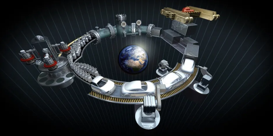 A stylized image of a circular car manufacturing process spinning around the Earth