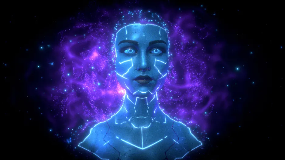 Le visage d’un avatar féminin bleu semble flotter sur un écran mauve et noir. 