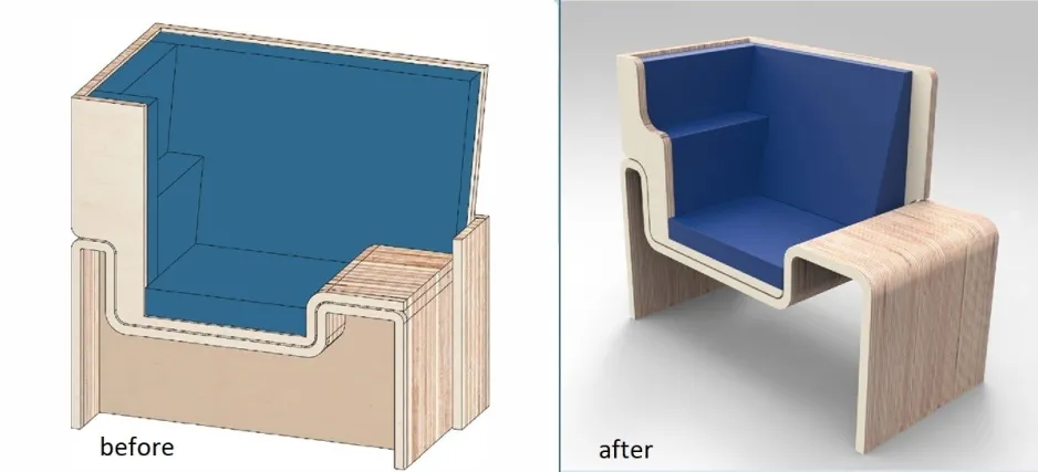 Two images show the early design and the final design of the chair