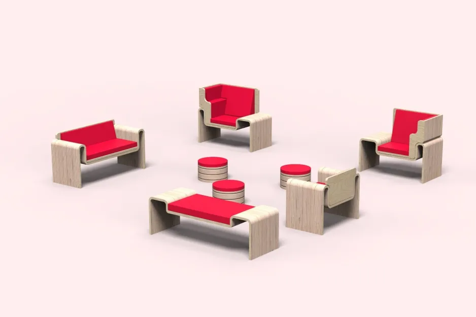 Eight different seating options grouped together, made of a pale wood with bright red cushions