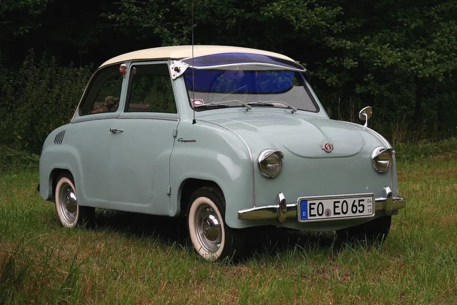 A typical Glas Goggomobil automobile, Vallendar, Germany, July 2008. The sun visor and headlight screens were / are not standard issue. Wikipedia.