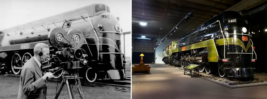 La photo en noir et blanc montre une locomotive. Un homme maniant une caméra d’époque se trouve au premier plan. / Sur la photo contemporaine figure la locomotive noire aux accents verts qui exposée au Musée des sciences et de la technologie du Canada.