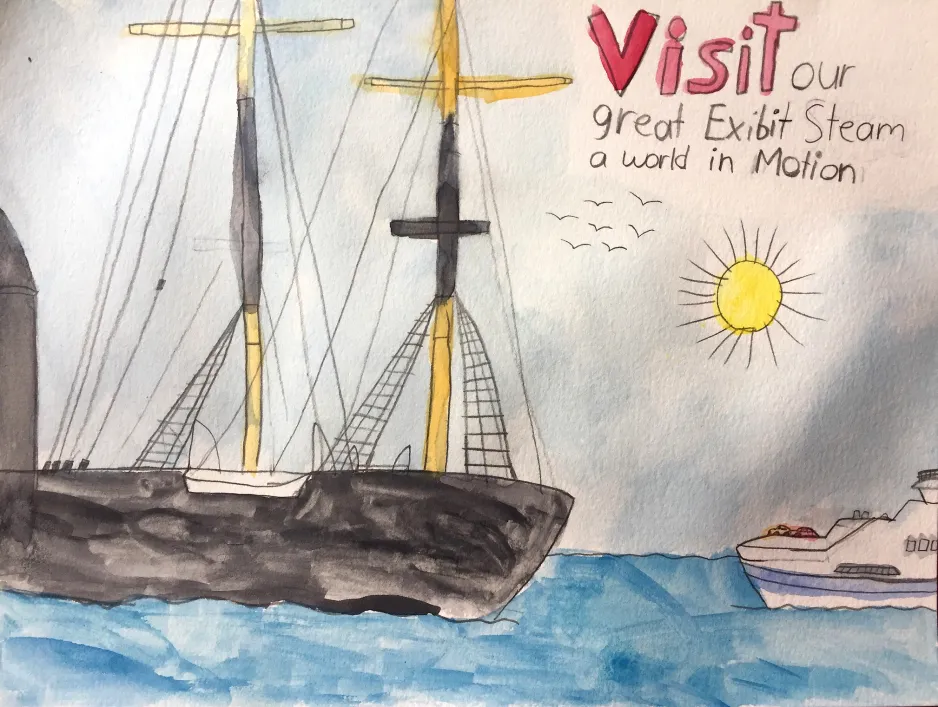 Une peinture colorée présentant deux bateaux dans l’eau. Les mots « Visit our great exhibit – Steam: A World in Motion » sont visibles au-dessus.