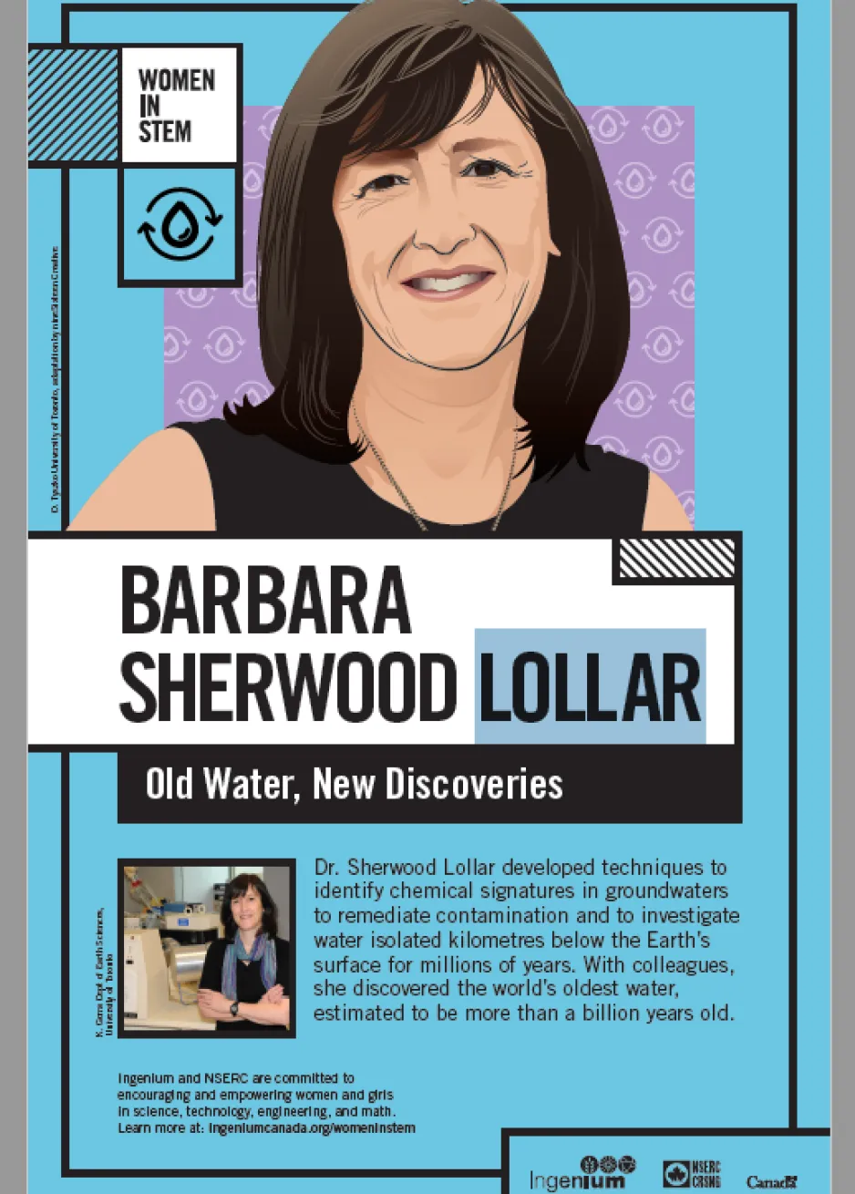 A graphical drawing of a woman, set on a blue background. The text reads: “Barbara Sherwood Lollar: Old Water, New Discoveries.”