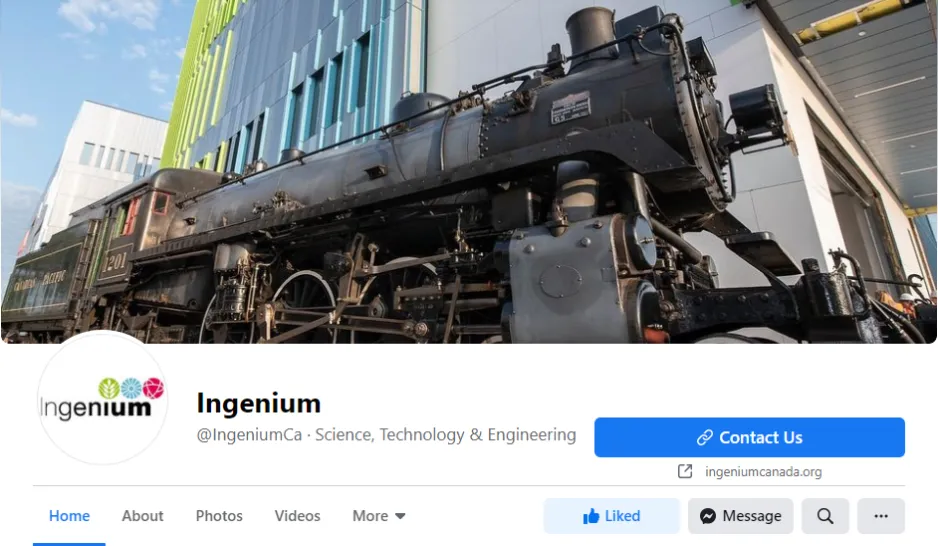 A screen shot of the Ingenium Canada Facebook page. The header image shows a close up of a locomotive with the Ingenium Centre building in the background