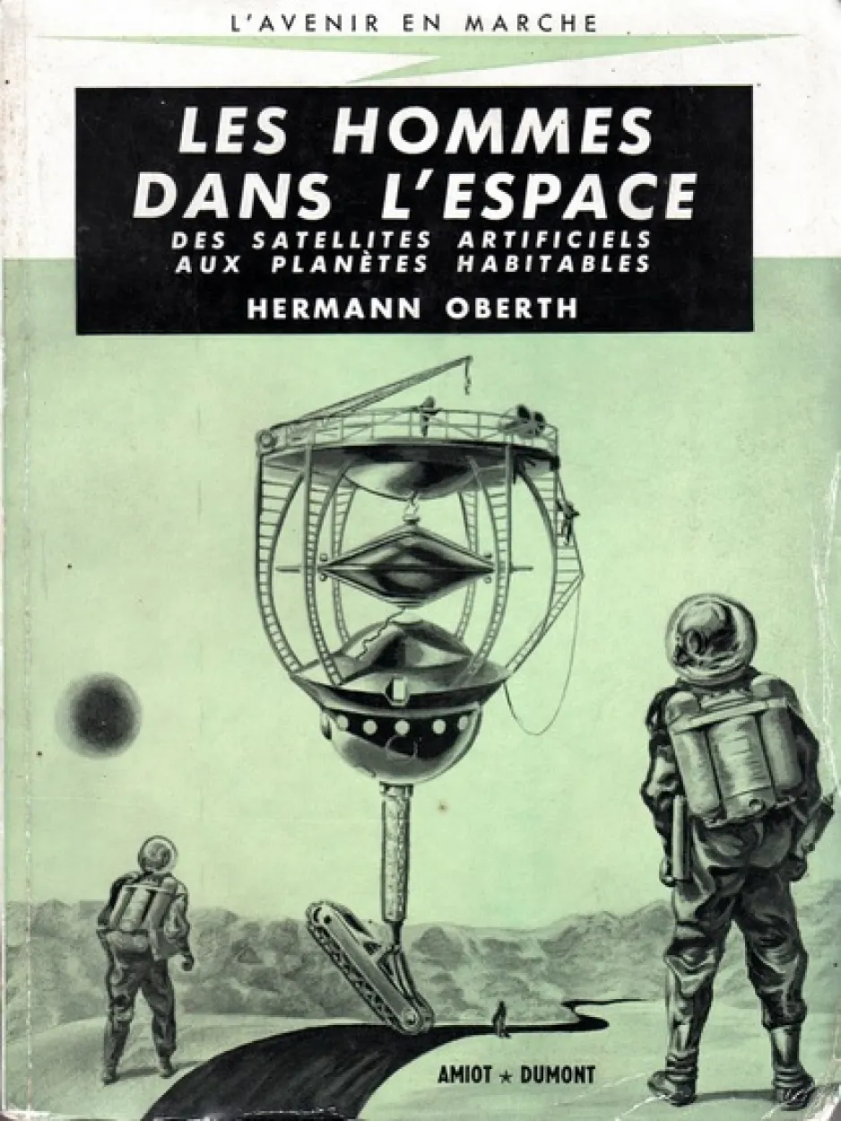 La voiture lunaire Oberth telle qu’imaginée en 1954 dans Menschen im Weltraum. Hermann Oberth, Les hommes dans l’espace : Des satellites artificiels aux planètes habitables, couverture.