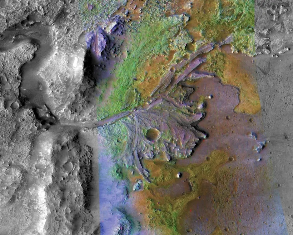 An aerial view of terrain on Mars, with a greyscale riverbed on the left that pinches through a line of hills and splays out in a sandy delta. The delta is within a rounded plain, marked by small craters. The right side of the images features different colours, which represent different chemical compositions. The delta is dominated by a pink and green, the plain is a mix of pink, yellow and green, and the edge of the hills within the plain are mauve and green.