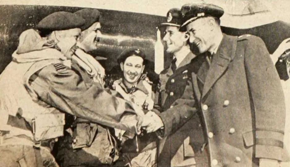 Squadron Leader Arthur Edward Callard (He is the one with a mustache.) and his crew being welcomed to North America. Anon., “Ça et là par l’image.” Le Samedi, 21 April 1951, 22.