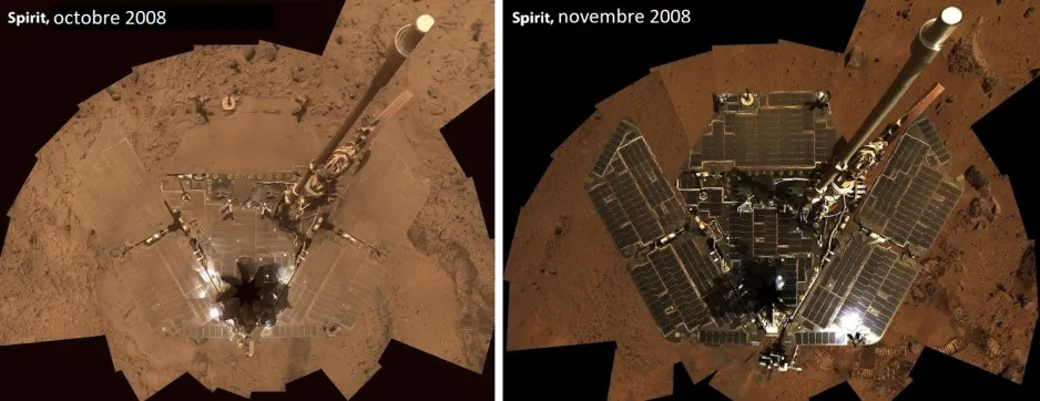 Image en deux sections montrant une vue aérienne du rover Spirit en octobre 2007 et en novembre 2008. En octobre 2007, les panneaux solaires du rover étaient recouverts de poussière rouge, lui donnant la même couleur que le paysage martien que l’on aperçoit dessous. En novembre 2008, des tourbillons de poussière avaient nettoyé les panneaux solaires, révélant de nouveau leur aspect métallique brillant. 