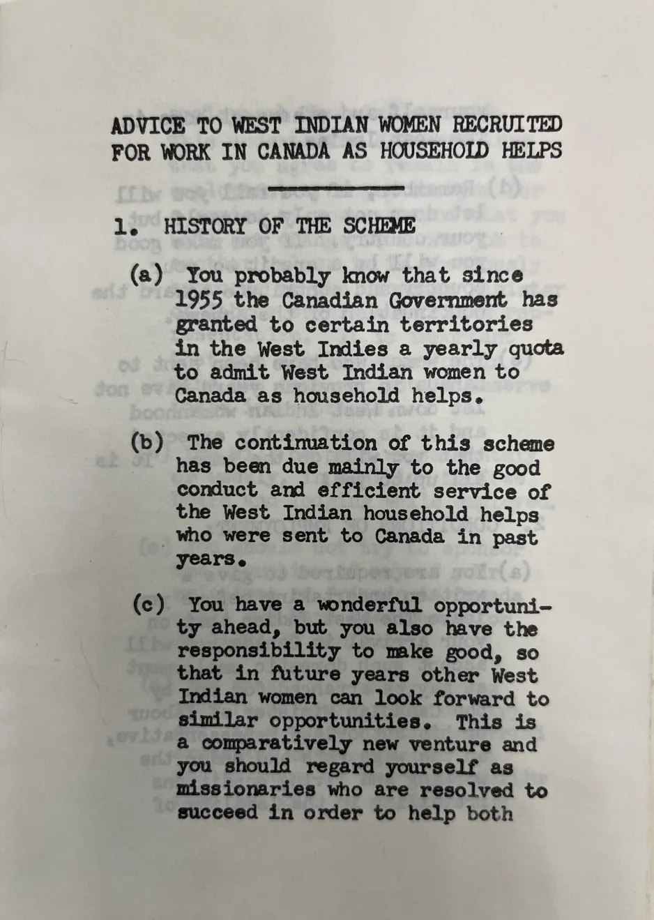 a page from the handbook "Advice To West Indian Women Recruited for Work in Canada as Household Helps"