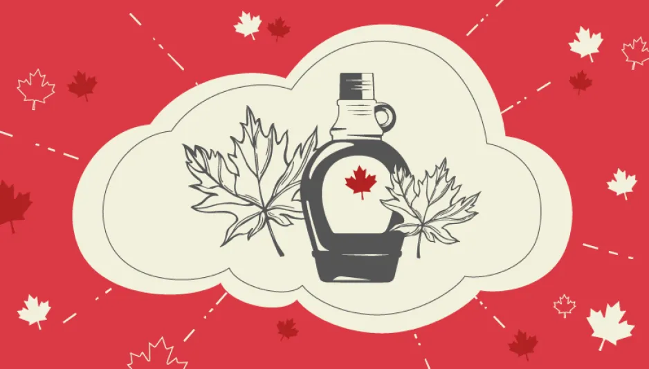  A red-and-white illustration shows a large bottle of maple syrup in the middle, with small maple leaves scattered all around it.