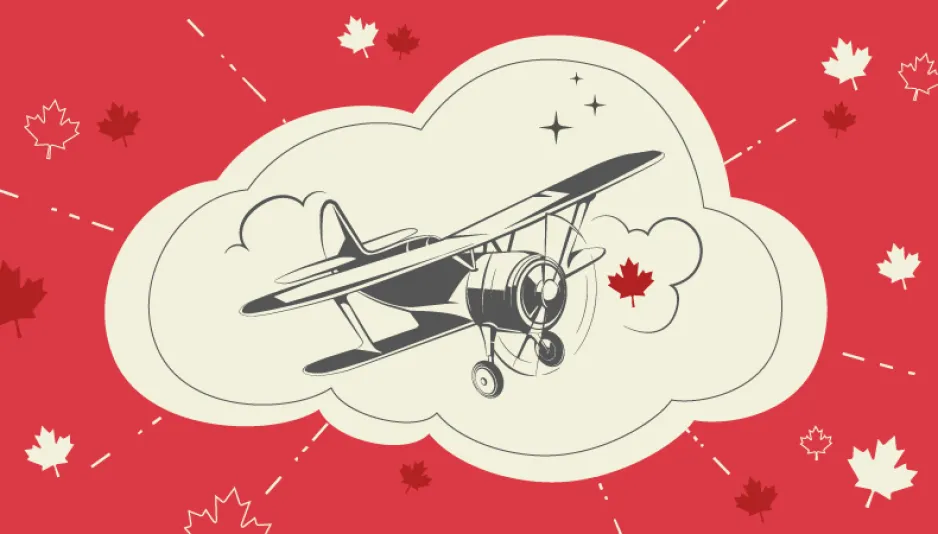  A red-and-white illustration shows a biplane with small maple leaves scattered all around it.