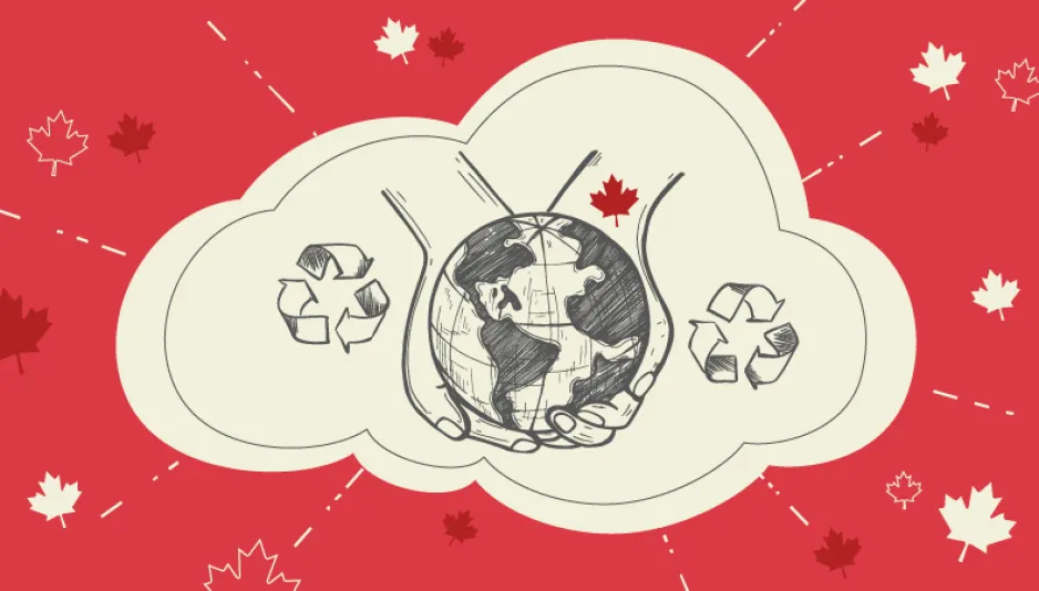  A red-and-white illustration shows an Earth being held by two hands with two recycling symbols on either side, with small maple leaves scattered all around it.