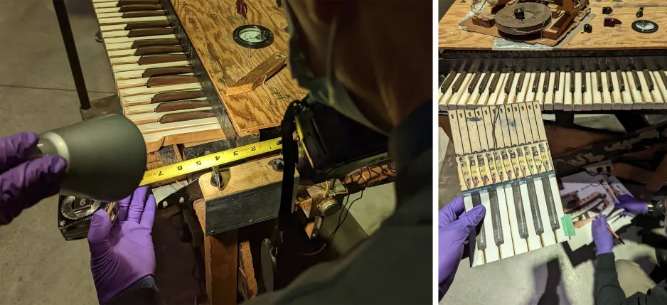 Two photos of the Electronic Sackbut. Left is an over-the-shoulder shot of a person wearing purple latex gloves and using a measuring tape on the right-hand side of the instrument. Right is a similar shot showing a person holding up a reference photo of the keyboard while another person is crouched in front of the instrument examining photos of the support structure.