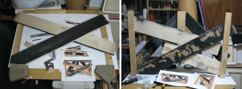Two photos of progress on the instrument’s support structure. Left shows the front crossbeams on a workbench with a rough coat of black paint on the foremost beam. Right shows the finished support structure. It is comprised of three wooden legs, one in back and two in front. It is held together by five supporting crossbeams, two in back and three in front.