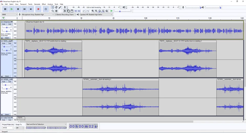 Screenshot of three rows of broken up audio files with sound waves. 