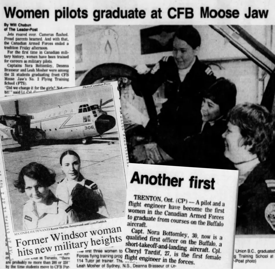 A black-and-white collage of three newspaper clippings, featuring photos and stories of female aircrew in the Canadian Armed Forces graduating from training courses. At the top, a main headline reads, “Women pilots graduate at CFB Moose Jaw.”