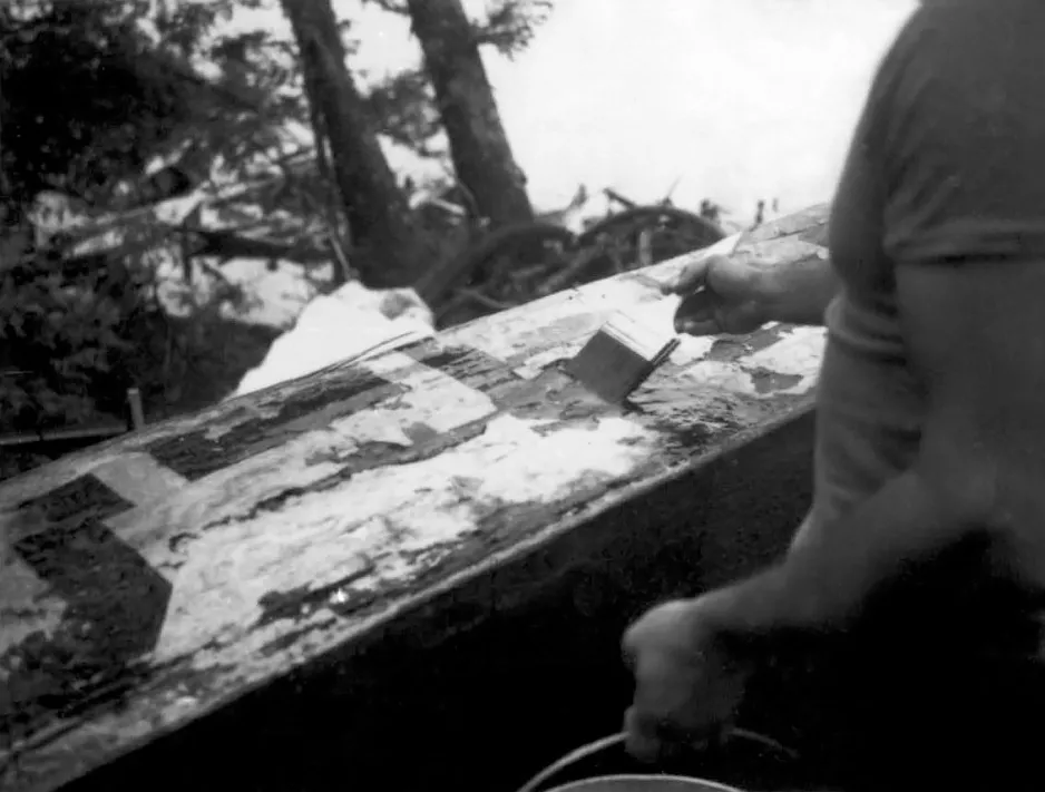 A black-and-white image shows a large piece of wood, and the torso of a man in a t-shirt. With his right arm, he is applying something to the surface of the wood with a paint brush. In the background, there are two tree trunks by the shoreline of a lake.