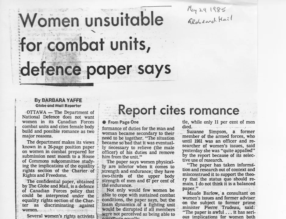 A black-and-white newspaper clipping. The main headline reads, “Women unsuitable for combat units, defence paper says.”