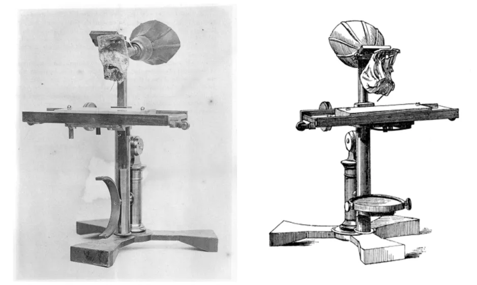 À gauche, une photographie du phonautographe à oreille et à droite, un croquis du phonautographe à oreille.