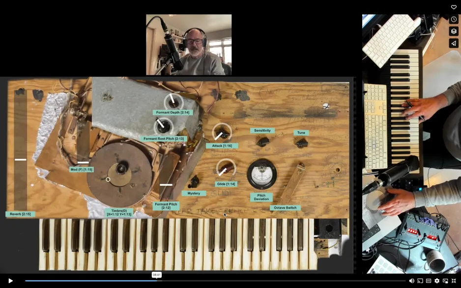 Screenshot of digital sound engine tutorial video. On the left is an overhead shot of the full control surface and keyboard of the Electronic Sackbut, with digital labels mapped over each control. Above this image is a frame of Edmund Eagan wearing headphones in front of a microphone. On the right is an overhead view of Eagan playing a keyboard with his right hand and using a computer trackpad with his left.