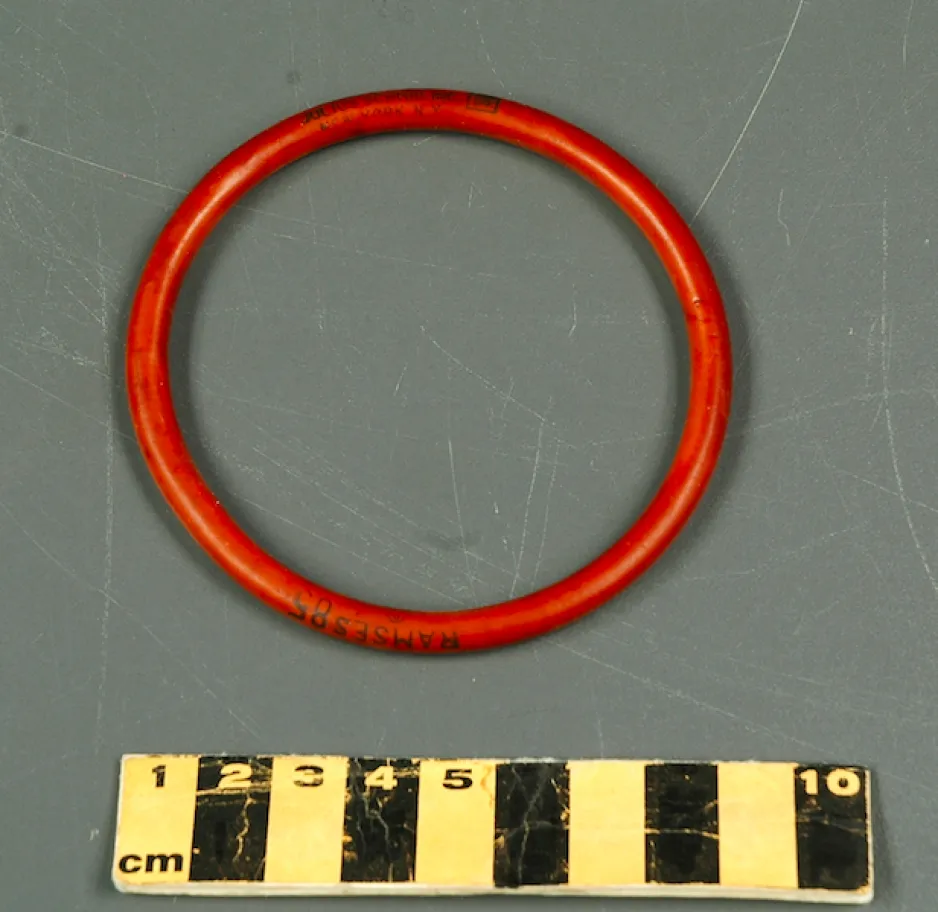 A burnt orange circular rubber band, less than 1cm in thickness and roughly 8cm in diameter.