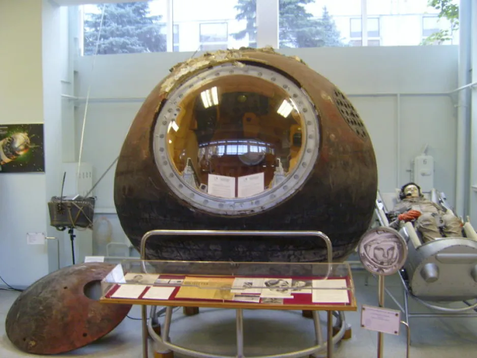 The descent module of the Vostok 1 space capsule on display at the corporate museum of Raketno-Kosmicheskaya Korporatsiya “Energiya,” Moscow, Russia, July 2010. Wikipedia.